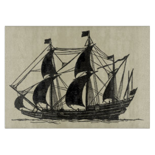 Silhouette of Ship with Billowing Sails Cutting Board