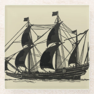 Silhouette of Ship with Billowing Sails Glass Coaster
