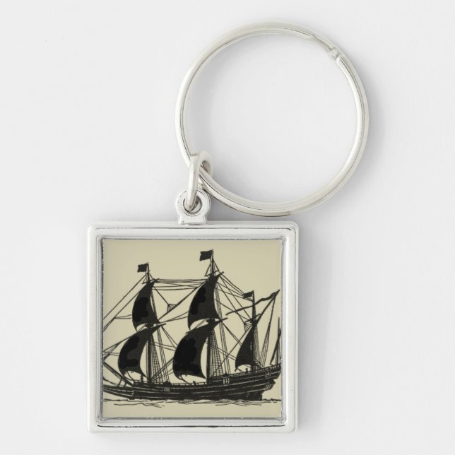 Silhouette of Ship with Billowing Sails Key Ring (Front)