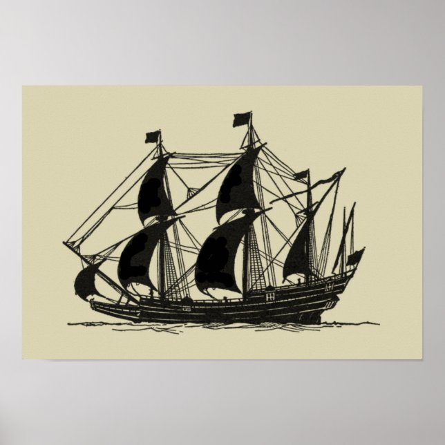 Silhouette of Ship with Billowing Sails Poster (Front)