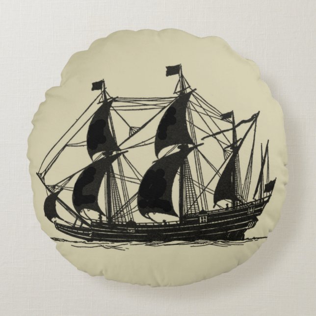 Silhouette of Ship with Billowing Sails Round Cushion (Front)