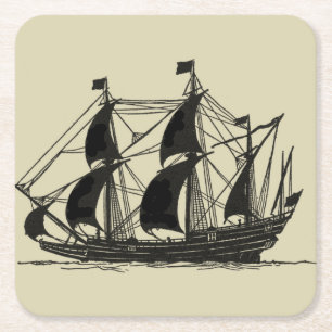 Silhouette of Ship with Billowing Sails Square Paper Coaster