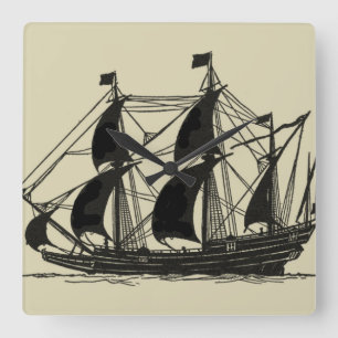 Silhouette of Ship with Billowing Sails Square Wall Clock