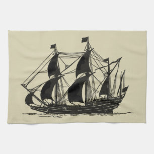 Silhouette of Ship with Billowing Sails Tea Towel