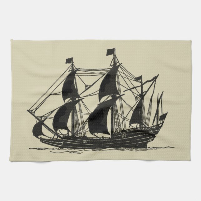 Silhouette of Ship with Billowing Sails Tea Towel (Horizontal)