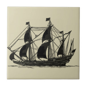 Silhouette of Ship with Billowing Sails Tile