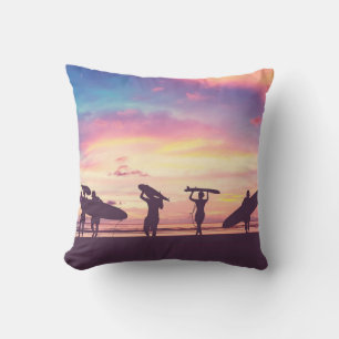 Silhouette Of surfer people carrying their surfboa Cushion