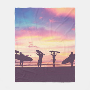 Silhouette Of surfer people carrying their surfboa Fleece Blanket