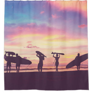 Silhouette Of surfer people carrying their surfboa Shower Curtain