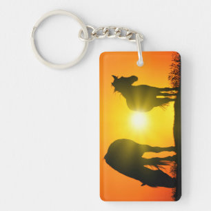 Silhouette of Two Horses at Sunset Key Ring