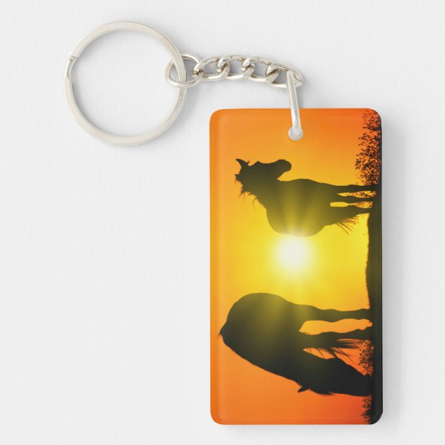 Silhouette of Two Horses at Sunset Key Ring (Front)