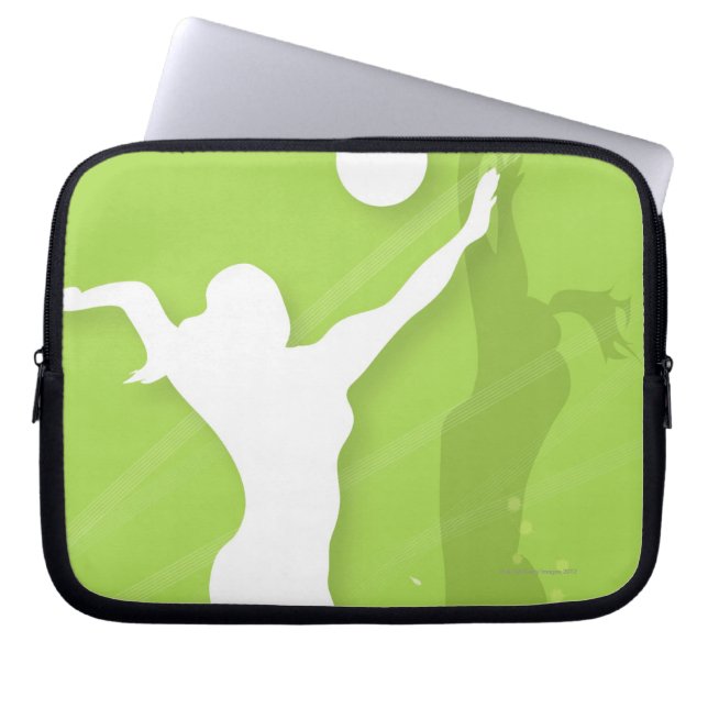 Silhouette of two women playing volleyball laptop sleeve (Front)