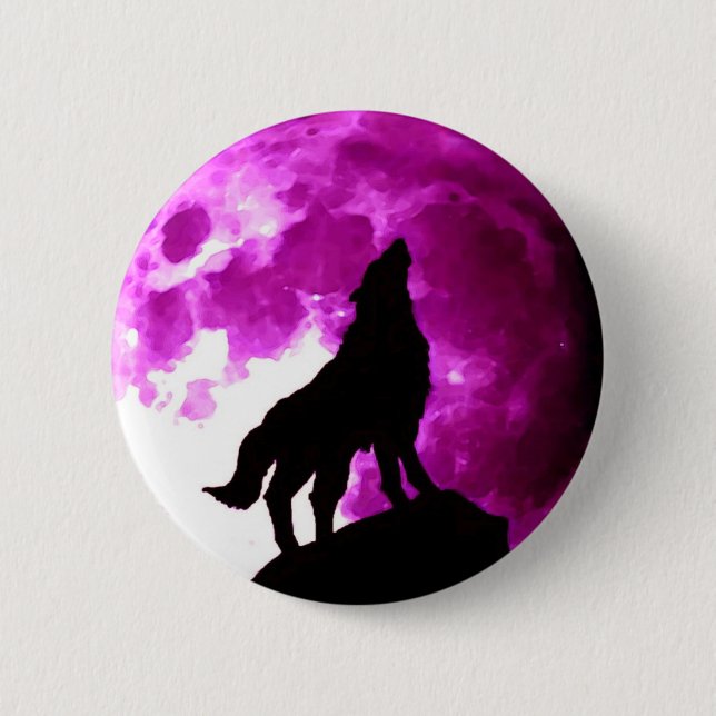 Silhouette of Wolf Howling at Moon 6 Cm Round Badge (Front)