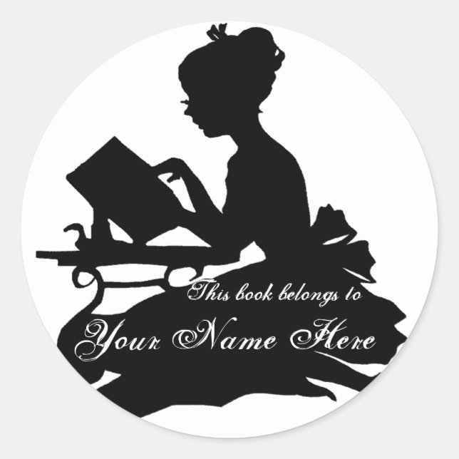 Silhouette of Young Girl  Reading Bookplate Classic Round Sticker (Front)