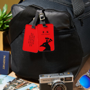 Silhouette Peacock Monogram Black Red Luggage Tag