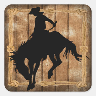 Silhouette Rodeo Cowboy on Bucking Bronco Horse Square Sticker