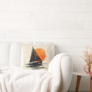 Silhouette Sailboat Sketch With Orange Sun Cushion