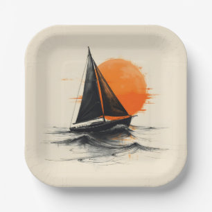 Silhouette Sailboat Sketch With Orange Sun Paper Plate