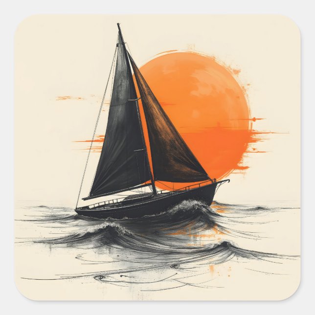Silhouette Sailboat Sketch With Orange Sun Square Sticker (Front)