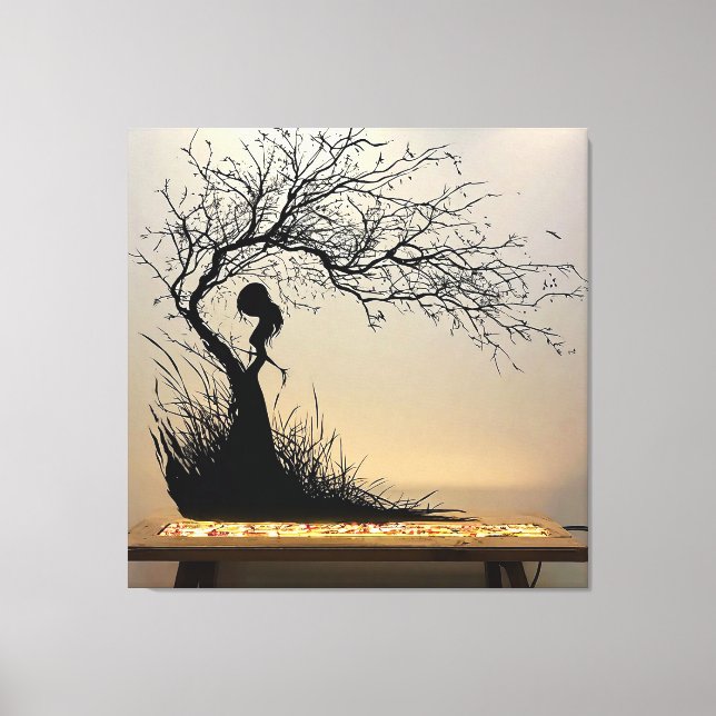 Silhouette Scene of Woman with Nature-Themed Canvas Print (Front)
