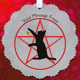 Silhouette Sitting black Cat Red Pentagram Grey Tree Decoration Card