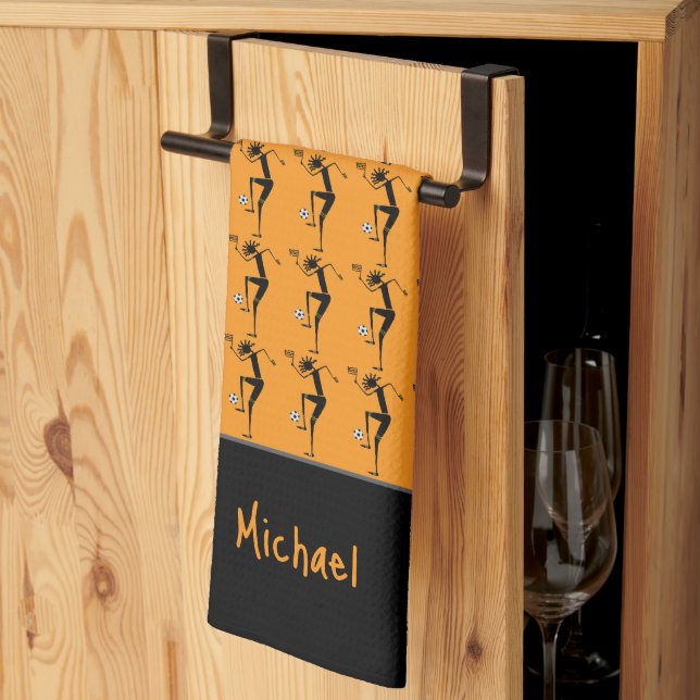 Silhouette Soccer, African Art Orange Tea Towel (Thirds Fold)