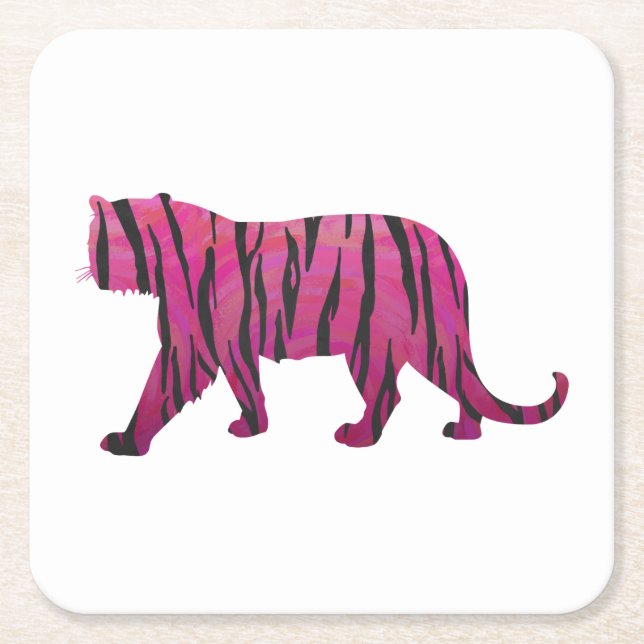 Silhouette Tiger Pink and Black Square Paper Coaster (Front)