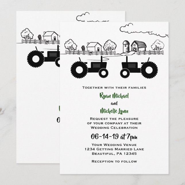 Silhouette Tractors and Farm Black - White Wedding Invitation (Front/Back)