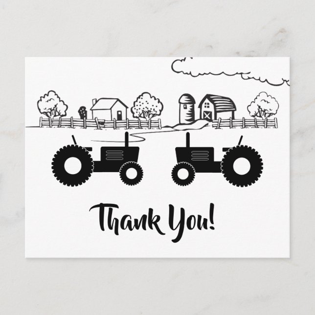 Silhouette Tractors n Farm Black - White Thank You Postcard (Front)