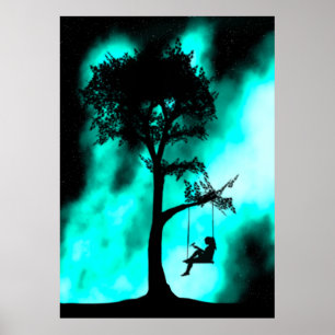 Silhouette Tree Swing Girl Galaxy Poster