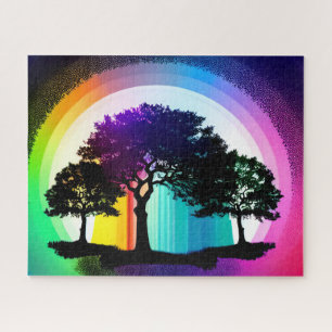 Silhouette Trees of Life Encircled by Rainbow Jigsaw Puzzle