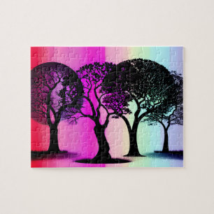 Silhouette Trees with Pastel Pattern Background Jigsaw Puzzle
