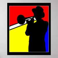 Silhouette trombone player, mondrian style art 20"