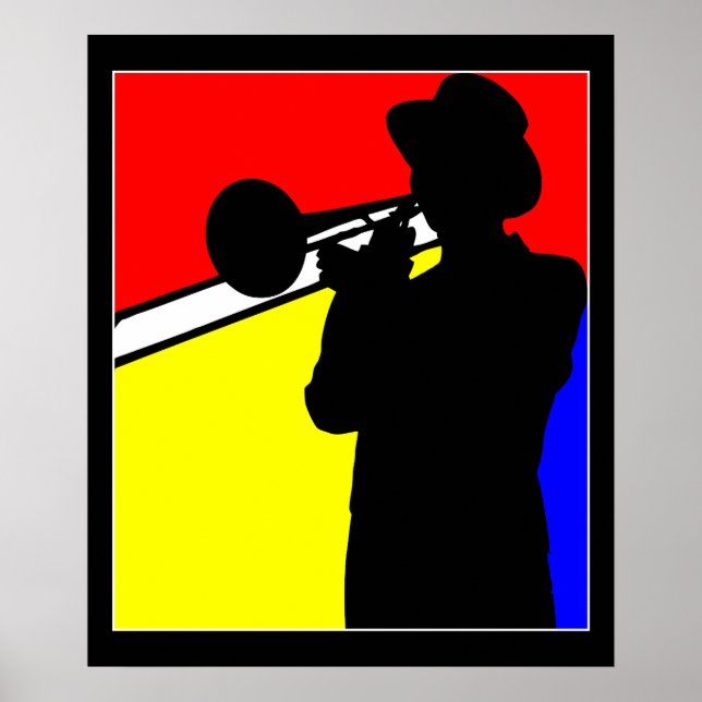 Silhouette trombone player, mondrian style art 20" poster (Front)