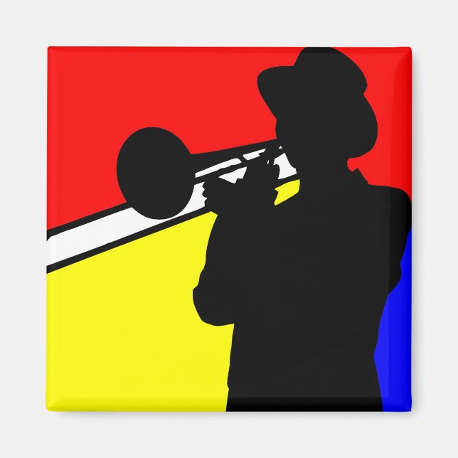 Silhouette trombone player, mondrian style art magnet (Front)