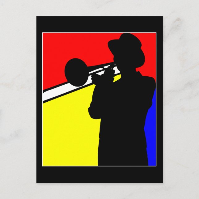 Silhouette trombone player, mondrian style art postcard (Front)