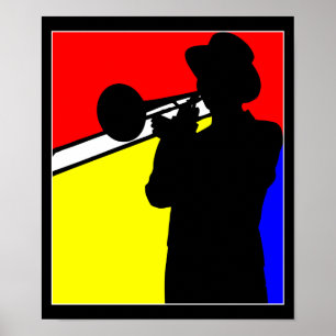 Silhouette trombone player, mondrian style art poster