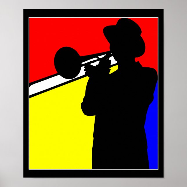 Silhouette trombone player, mondrian style art poster (Front)