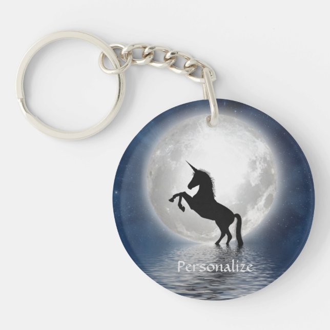 Silhouette Unicorn Full Moon Ocean Personalise Key Ring (Front)