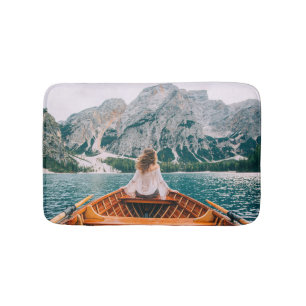 Silhouette Woman Alpine Lake Nature Bath Mat