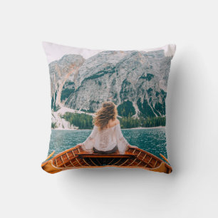 Silhouette Woman Alpine Lake Nature Cushion