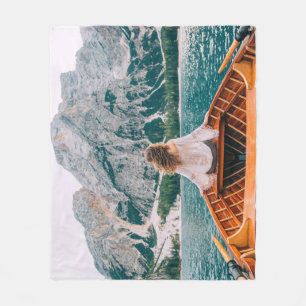 Silhouette Woman Alpine Lake Nature Fleece Blanket
