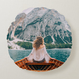 Silhouette Woman Alpine Lake Nature Round Cushion