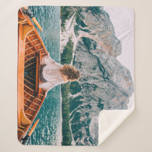 Silhouette Woman Alpine Lake Nature Sherpa Blanket