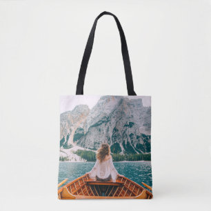 Silhouette Woman Alpine Lake Nature Tote Bag