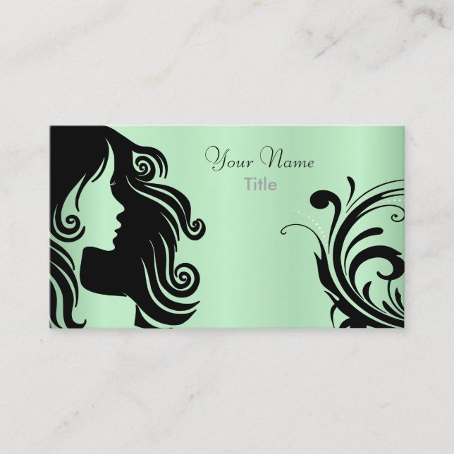 Silhouette Woman Hair Stylist - Mint Green Business Card (Front)