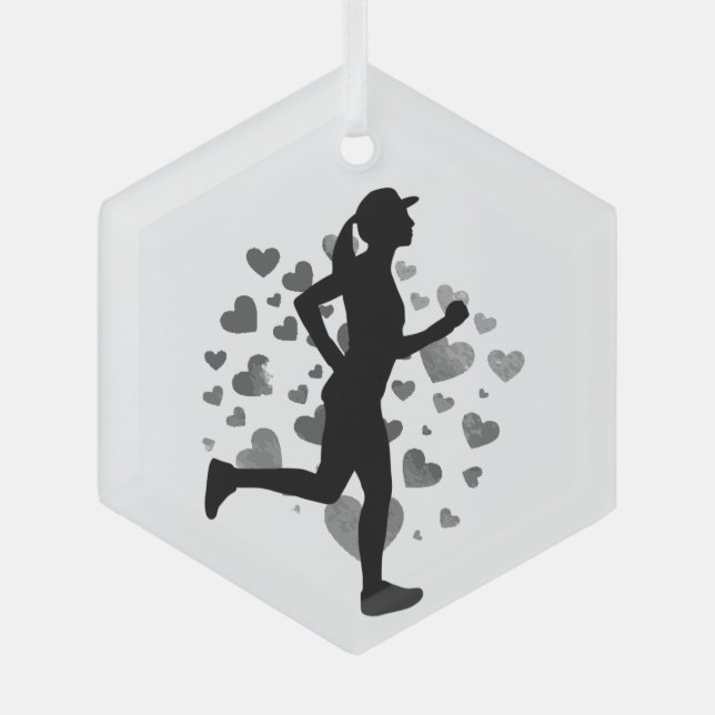 Silhouette Women Running Runner Sport Glass Tree Decoration (Front)