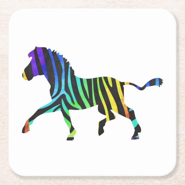 Silhouette Zebra Black and Rainbow Square Paper Coaster (Front)