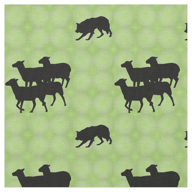 Silhouetted Border Collie Herding Sheep Fabric (Close Up)