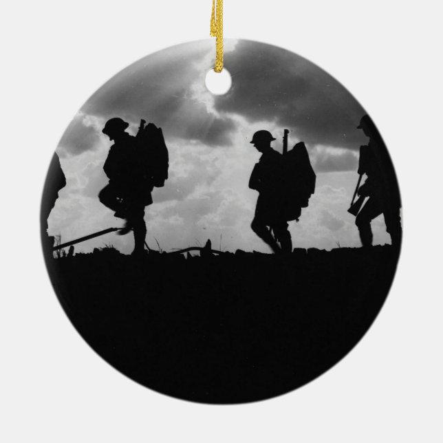 Silhouetted Marching World War I Soldiers (1917) Ceramic Tree Decoration (Back)